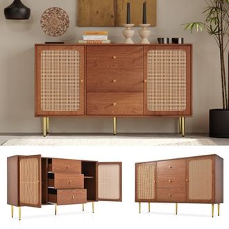Matteo Walnut Rattan Sideboard Cabinet with 2 Doors, 3 Drawers