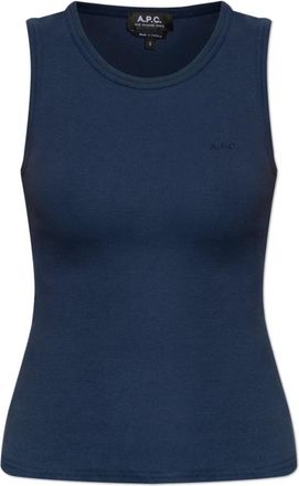 A.P.C. A.p.c., Tops, Dames, Blauw, S, Katoen, Geribbelde top met geborduurd logo