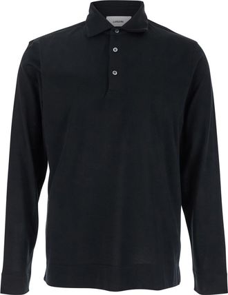 Lardini Black Polo With Classic Collar And Long Sleeves In Cotton And Silk Blend Man