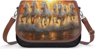 Generic 7 White Horses Sunset Leather Crossbody Bags for Women Messenger Handbag Purse Shoulder Bag