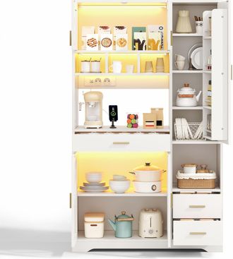 STILVORA Aparador De Cocina Alto Con Estantes Con 2 Puertas, 1 Caj&oacute;n, Led Y Enchufes, En Mdf, Blanco, 105&times;40&times;185 Cm