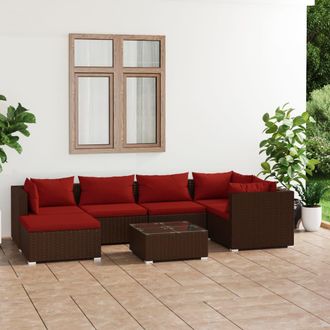 vidaXL Set Muebles De Jard&iacute;n 7 Piezas Y Cojines Rat&aacute;n Sint&eacute;tico Marr&oacute;n Vidaxl