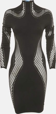 MUGLER Black Nylon Knit Perforated Detail High Neck Bodycon Dress