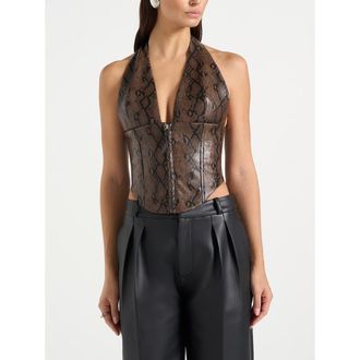 Mani&egrave;re De Voir Sloane Python Halterneck Corset Top in Brown at Nordstrom, Size 12