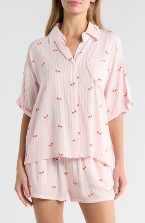 Betsey Johnson Heart Patch Cabana Button-Up Shirt & Shorts Cover-Up Set in Pink at Nordstrom Rack, Size X-Large