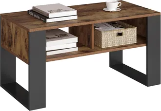 Woltu Woltu Mesa De Centro Con 2 Compartimentos Abiertos - Mesa De Centro Marrone R&uacute;stico + Negro, 90x45x45cm