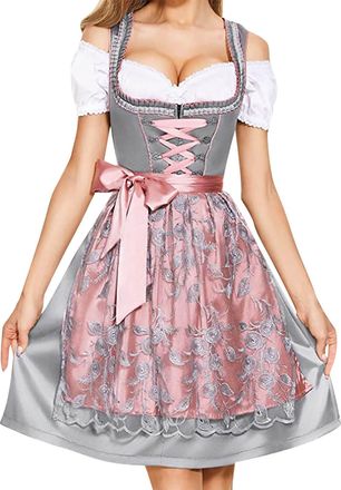 Generic Dirndl Womens Midi Costume Dress Pink Dirndl Dress Including Dirndl Apron 2-Piece Elegant Costume Dress Modern Bavarian Costume Refined Costume Dresse