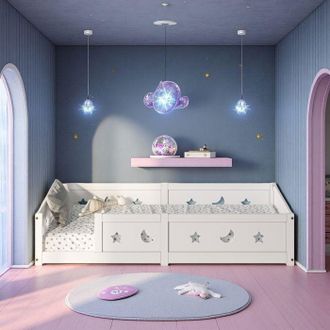 OEM Cama Baja Para Beb&eacute; Ni&ntilde;o 140x200cm - Formato M&aacute;ximo Con Barrera - Pino Macizo Blanco Con Motivos De Estrellas Y Luna - Seguridad Ue