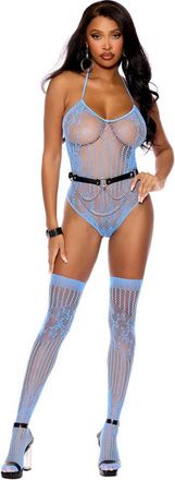 Elegant Moments Floral Crochet Teddy and Matching Stockings with Vertical Stripes - Marina Blue - Os
