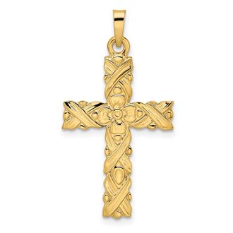 Diamond2Deal 14k Yellow Gold Polished Textured Solid Floral Cross Pendant