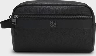 HUGO BOSS Mens HUGO Quantic Mens Grained Faux Leather Washbag with Stacked-Logo - Black 001 - Size: ONE size