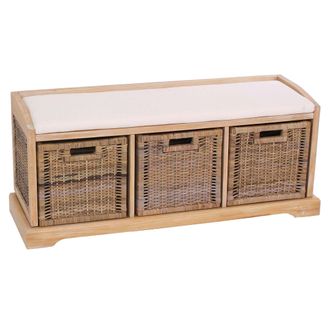 Hhg Hhg - Nunca Usado] Banco Bienne, Caja De Almacenaje, 3 Cestas, Mimbre Rat&aacute;n Kubu, 112x46x37cm, Color Claro