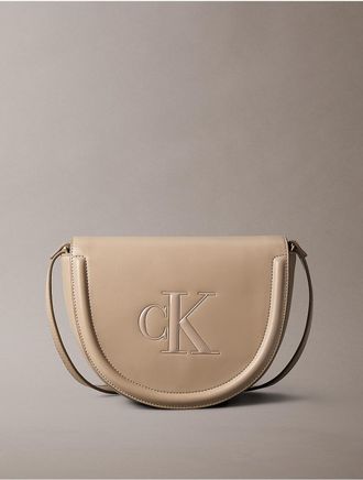 Calvin Klein Womens Embossed Monogram Saddle Bag - Brown