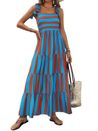 PrettyGarden Womens Dresses 2025 Summer Floral Sleeveless Maxi Dress Casual Spaghetti Strap Tiered Flowy Beach Long Dress, S-Brick Red Blue, M