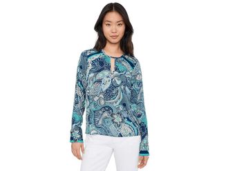 Liverpool L.A. Long Sleeve Woven Top With Keyhole Neckline Womens Clothing Aqua Blue : MD, Viscose