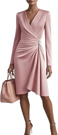 Generic Women Elegant V-Neck Wrap Dress Long Sleeve Ruched Waist Midi Dress for Office Work Business Cocktail Party (Pink,M)