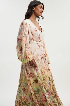 Karen Millen Womens Petite Scattered Floral Balloon Sleeve Pleated Crinkle Cut Out Woven Maxi Dress - White - Size 10 UK