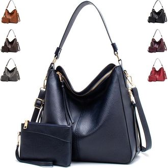 Generic Vintage PU Vegan Leather Handbags and Purse Sets for Women Fashion Tote Hobo Bags Shoulder Satchel Handbag Zip Wallet, B-blue