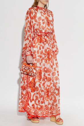 Dolce & Gabbana Silk Dress With Majolica Print, Womens, Orange