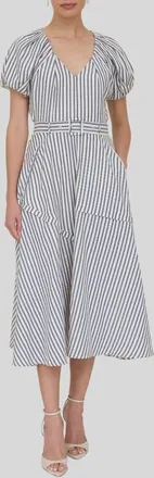 ZOE AND CLAIRE Stripe Puff Sleeve Flare Midi Dress in Navy Stripe at Nordstrom, Size X-Small