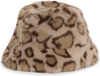 La Fiorentina Faux Fur Animal Print Bucket Hat in Ivory at Nordstrom Rack