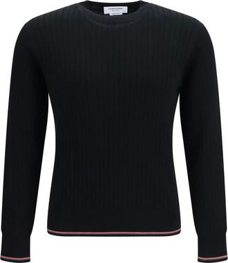 Thom Browne Crewneck Katoenen Gebreide Trui met 4-Strepen Detail - Heren - Truien - Zwart - Maat: S Katoen