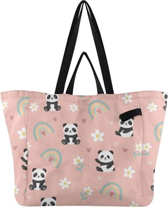 Generic Flower Panda Pink print Reusable Canvas Tote Bag, Heavy Duty Grocery Shopping Bag with Double Handles Large Capacity Hard Bottom Work Groceries Travel
