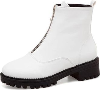 Generic Womens PU Leather Ankle Boots Front Zipper Chunky Block Heels Comfortable Slip-Resistant Durable Casual Daily Streetwear Office Work Shoes,White,6.5 U