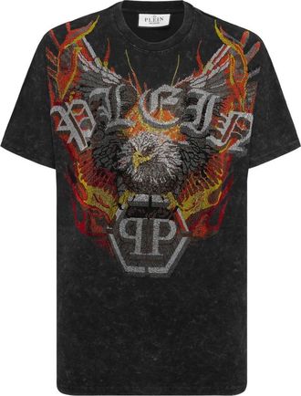 Philipp Plein Washed Kimono Cut T-Shirt Eagle Crystal - Heren - T-shirts - Zwart - S - Katoen - Tops