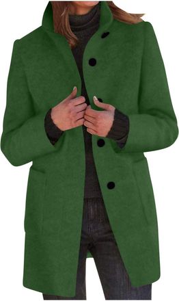 Generic Wool Coats for Women Elegant Warm Winter Jackets Single-Breasted Stand Collar Thermal Trench Coats with Pockets Ladies Smart Pea Coat for Work Office 