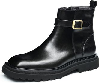 Generic Mens Chunky Heel Platform Short Boots Square Toe Leather Ankle Boots Office Dress Shoes with Side Zipper,Black,5.5 UK