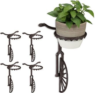 Relaxdays Relaxdays - 5 Soportes Macetas Pared Con Forma De Bicicleta, Hierro Fundido, Marr&oacute;n Oscuro, &Oslash; 13 Cm