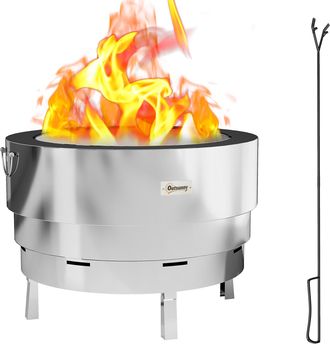 OUTSUNNY Round Fire Pit With Grill Net - Stainless Steel Firepit - Silver | TJ Hughes