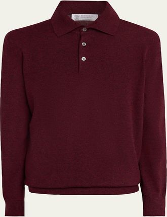 Brunello Cucinelli Mens Cashmere Knit Long-Sleeve Polo Shirt