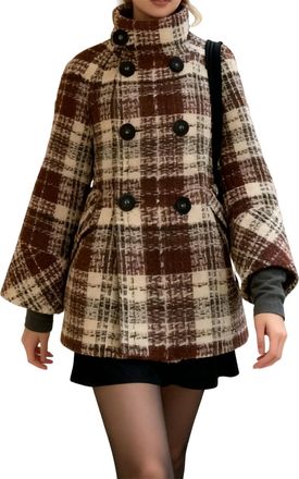 Generic Womens Plaid Tweed Jacket Double Breasted Pea Coat, Christmas Stand Collar Houndstooth Plaid Wool Coats for Women (Red,M)