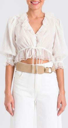 Twinset Blusa cropped in tulle con rouches e maniche a palloncino