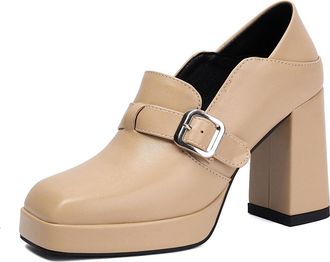 Generic Womens High Heeled Dress Shoes Comfort Slip on Formal Shoes with Buckle Square Toe PU Leather Platform Loafers,Yellow,5.5 UK