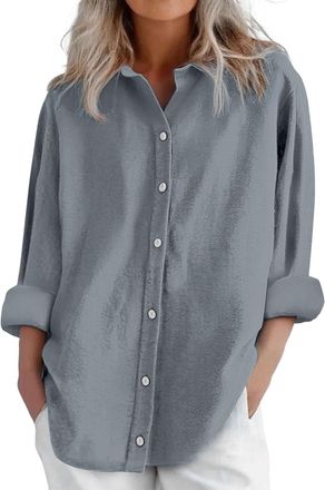 Generic Linen Blouses for Women Long Sleeve - Cotton Button Down Shirts for Women - Lightweight Dressy Blouses Solid Plain Shirts Collared Linen Blouse Oversi