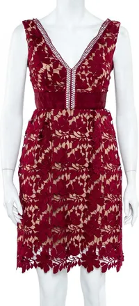 Self Portrait Burgundy Guipure Lace Plunge Neck Detail Short Dress