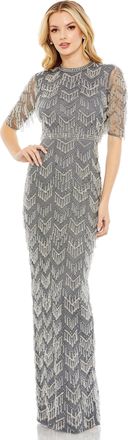 Mac Duggal Beaded Fringe Quarter Sleeve Column Gown