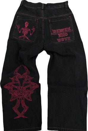 Generic OATSBAS Y2K Beggy Jeans Mens Denim Pants Skull Embroidery Gothic Jeans Straight Wide Leg Trouser Hip Hop Streetwear, Black-red, X-Large