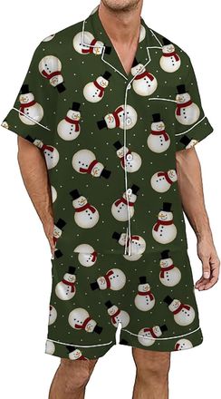 Generic Mens Pyjamas Mens Christmas Multicolored Printed Silk Satin Short Sleeved Button Up Pajamas Set (Army Green, XXXL)