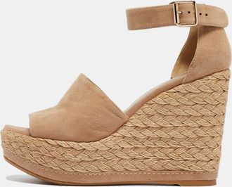 Stuart Weitzman Beige Suede Ankle Strap Platform Espadrille Sandals