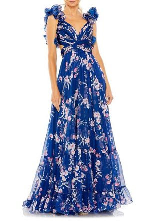 Mac Duggal Ruffle Tiered Floral Cut-Out Chiffon Gown in Blue Multi at Nordstrom, Size 6