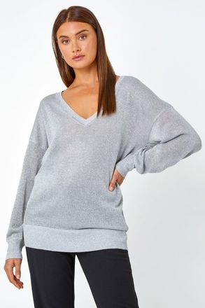 Roman Relaxed Stretch Sparkly V-Neck Jumper