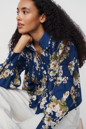 Maeve 100% Cotton Smocked Buttondown Shirt