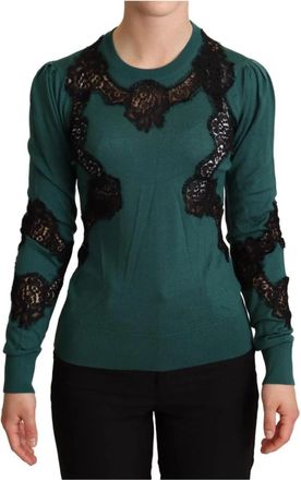 Dolce & Gabbana Groene Trui met Kant - Dames - Ronde hals truien - Groen - XS - Katoen - Truien & Vesten