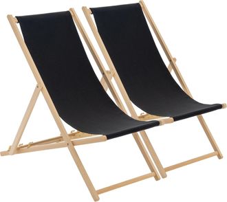 Harbour Housewares 2x Traditional Wooden Deck Chairs - Folding Garden Beach Lounge Chair in Black