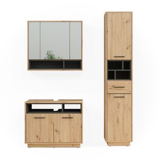 Vicco Conjunto De Muebles De Ba&ntilde;o Beatrice, Roble Artesanal, 3 Partes, Con Mueble Alto