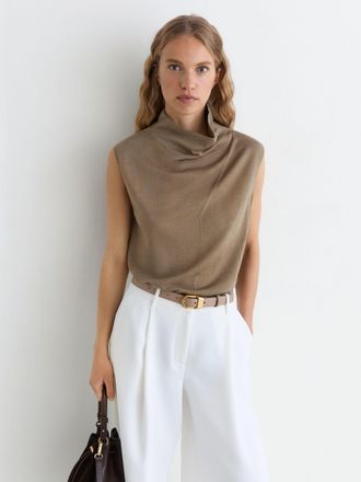 Reiss Khaki Green Wool Funnel-neck Sleeveless Knit Top, XL